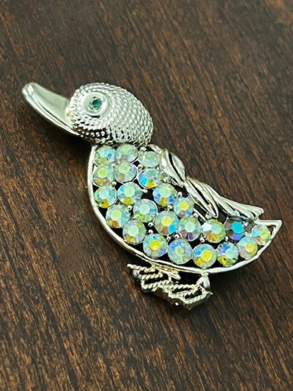 Penguin Brooch Pin Aurora Borealis Rhinestone Silver Tone Setting